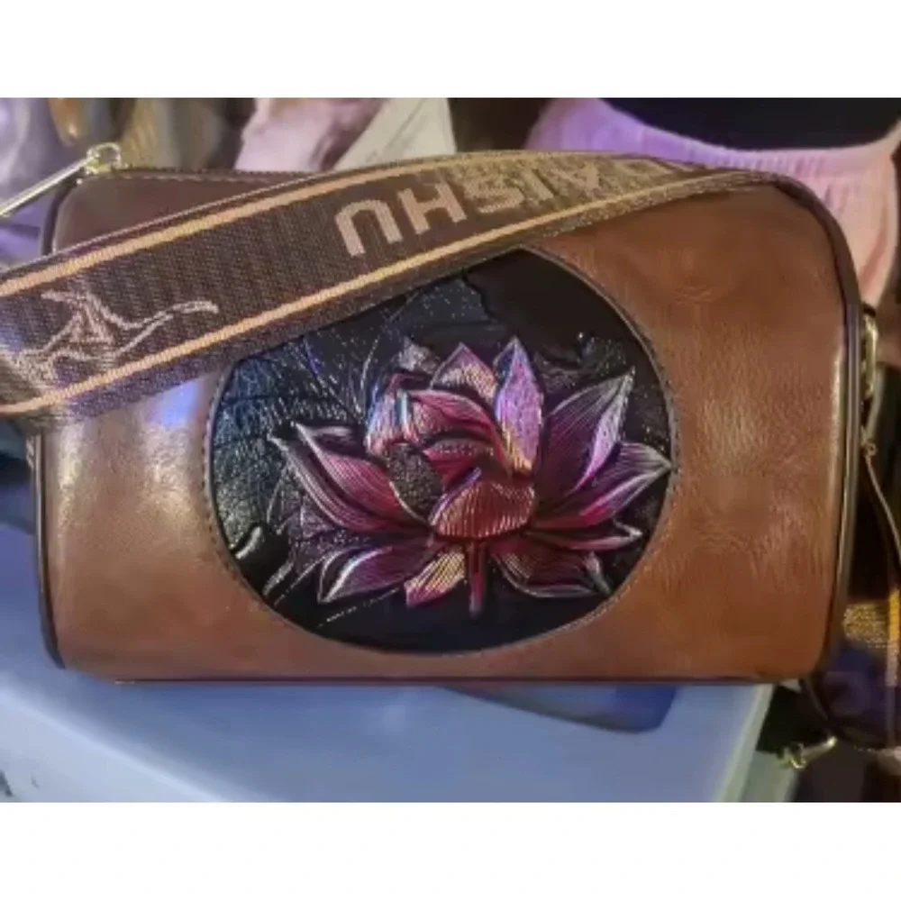 Lotus Embossed Brown Barrel Crossbody Bag Wide Strap Designer Style‎ Purse